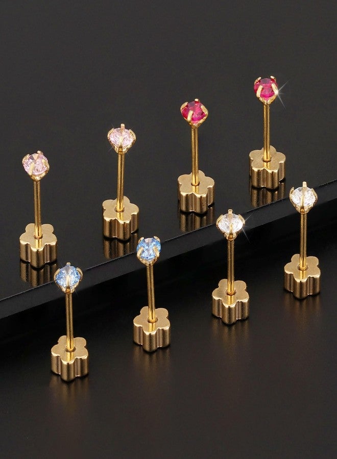 VDKIDKT Flower Screw Back Birthstone Stud Earrings for Women Girls, 3mm G23 Tiny CZ Flat Back Stud Earrings, Screw Back Helix Earrings (Gold, 5.May-Emerald) - Image 5