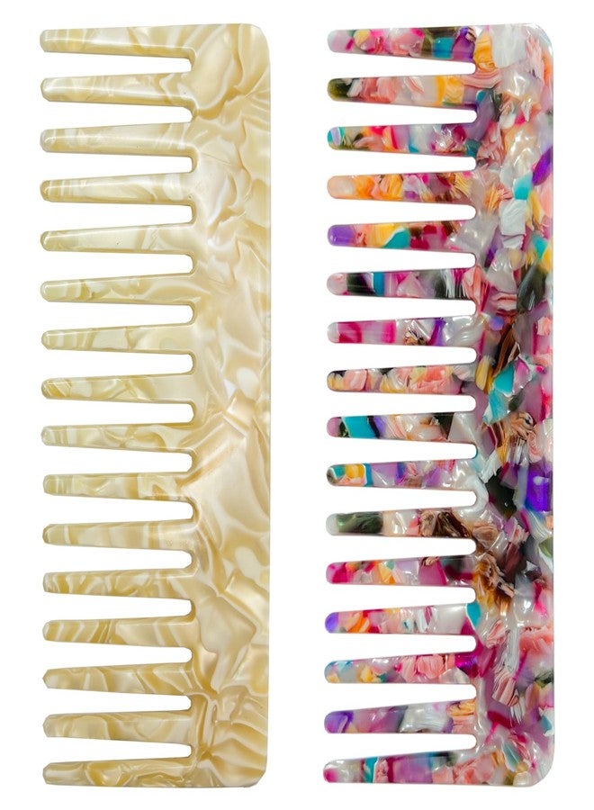 Belolvar 2pcs Large Acetate Wide Tooth Comb for Women, No Handle Detangling Combs Shower Wet Dry Comb for Thick Curly Wavy Hair (Rainbow-colored, Cream) - Image 1