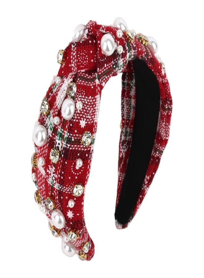 Semato Red Check Christmas Headbands for Women Hair Knotted Headband With Pearl Hair Band for Women Non Slip Headband Wide Christmas Accessories - Image 1