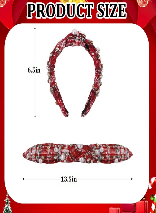 Semato Red Check Christmas Headbands for Women Hair Knotted Headband With Pearl Hair Band for Women Non Slip Headband Wide Christmas Accessories - Image 2