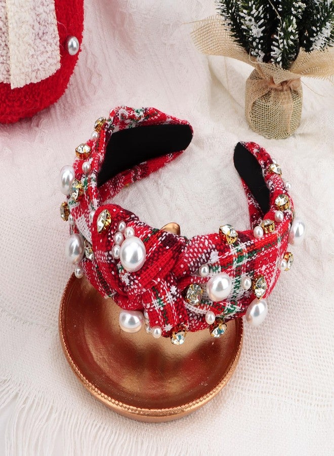 Semato Red Check Christmas Headbands for Women Hair Knotted Headband With Pearl Hair Band for Women Non Slip Headband Wide Christmas Accessories - Image 3