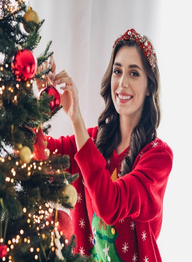 Semato Red Check Christmas Headbands for Women Hair Knotted Headband With Pearl Hair Band for Women Non Slip Headband Wide Christmas Accessories - Image 4