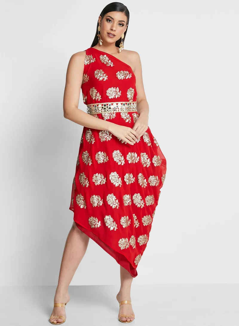 The Arab Crab Embroidered One Shoulder Dress
