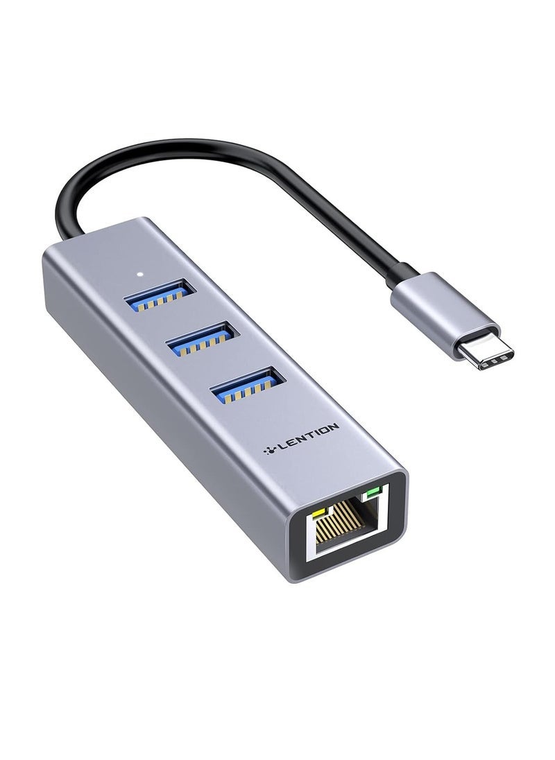 Lention LENTION USB-C to 3-Port USB 3.0 Hub with Gigabit Ethernet Network Adapter for Apple MacBook 12, 2016 2017 MacBook Pro 13/15, Chromebook, Windows PC, Type C Notebooks Ultra Slim (Space Gray)  - Image 1
