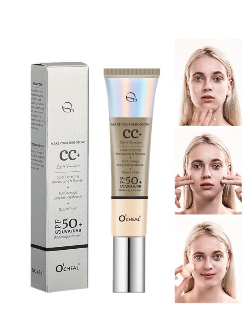 OCHEAL CC+ Color Correcting Cream, Full Coverage Foundation With SPF 50+ Whitening Sunscreen, Color Correcting And Brightening Face Cream, Skin Tone Adjusting CC Cream, Ivory  - Image 1