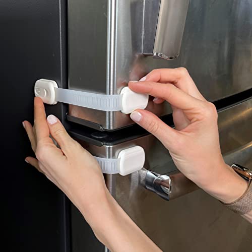 Vmaisi Baby Proofing Cabinet Locks Childproofing Adjustable Multi Use Straps Latches for Drawers Fridge Dishwasher Toilet Seat Cupboard Closet OvenTrash Can Adhesive No Drilling White 4
