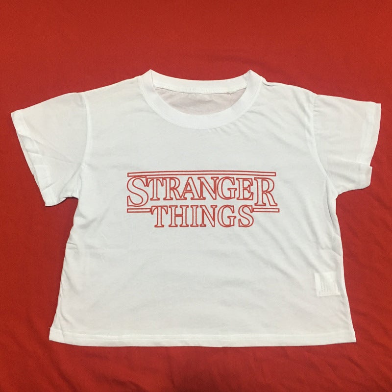 [Spot] AliExpress WISH European and American stranger things letters exposed short sleeve T-shirt jacket women White - Image 1