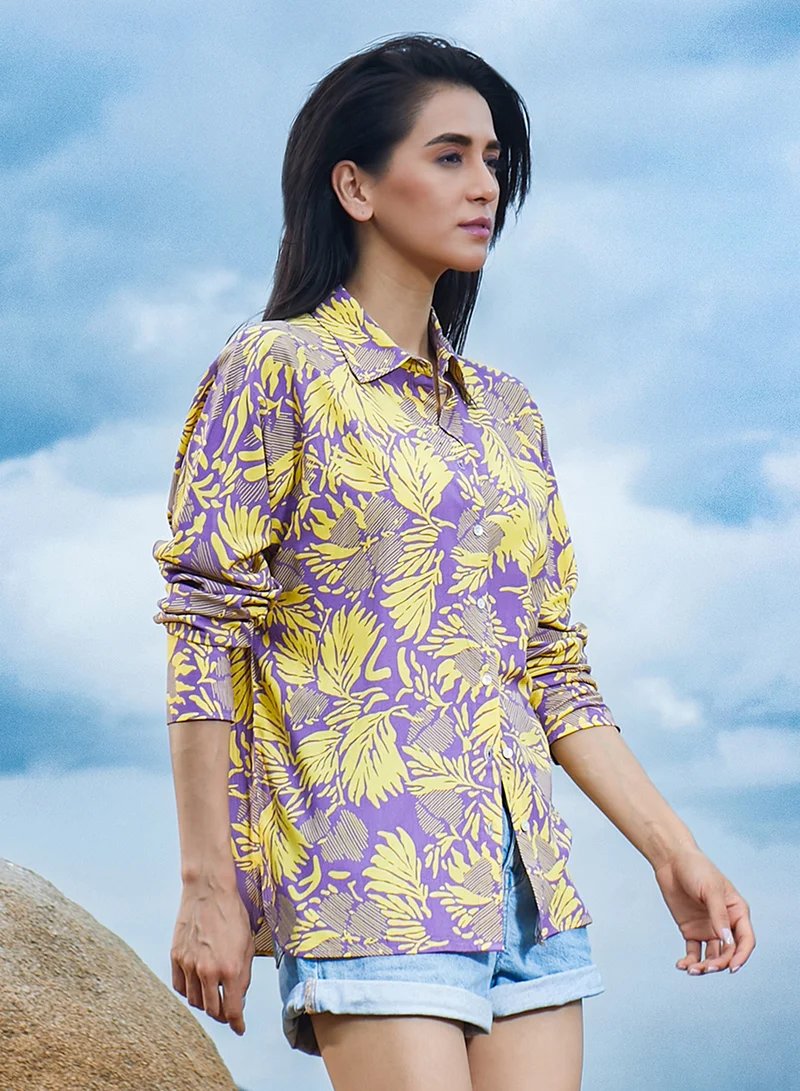 Pinacolada  Women's Lavender & Lemon Yellow Contrast Foliage Shirt  | Best Price UAE