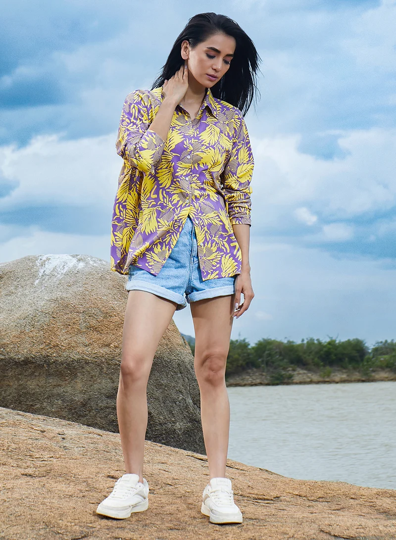Pinacolada  Women's Lavender & Lemon Yellow Contrast Foliage Shirt  | Best Price UAE