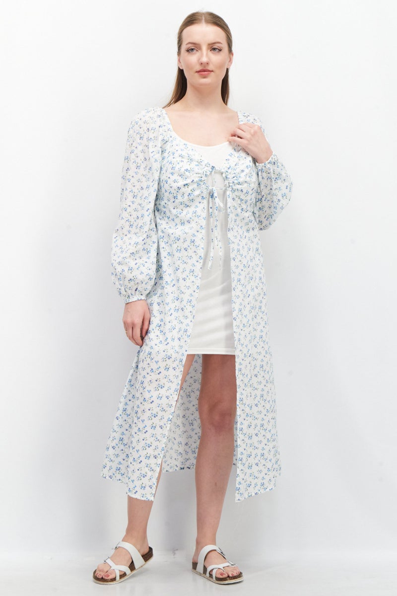 Fashion Union بلوزة ماكسي مطبوعة بأكمام طويلة للنساء، بيضاء - Image 1