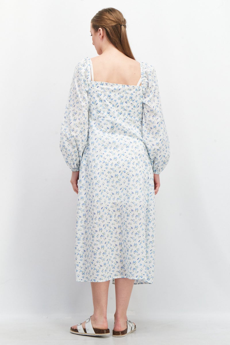 Fashion Union بلوزة ماكسي مطبوعة بأكمام طويلة للنساء، بيضاء - Image 3