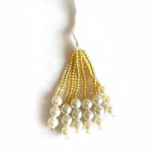 Adikala Pack of 10/20 (6 Latkans per Set) Golden Latkan with Cutdana Beads & Pearl Bunch Tassels for Saree, Blouse, Dupatta, Toran, Home Decoration, DIY Art & Crafts (10, Cream) - Image 2