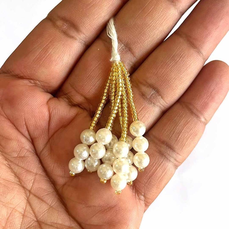 Adikala Pack of 10/20 (6 Latkans per Set) Golden Latkan with Cutdana Beads & Pearl Bunch Tassels for Saree, Blouse, Dupatta, Toran, Home Decoration, DIY Art & Crafts (10, Cream) - Image 3