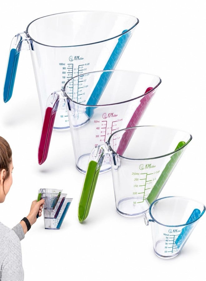 KPKitchen 4-Piece Angled Liquid Measuring Cups Plastic Set - BPA-Free Mini Oz, 1, 2 and 4 Plastic Measuring Cup Sizes - Measuring Cups For Liquids with ML & Cups Measures - Small & Large Measure Cup - Image 1