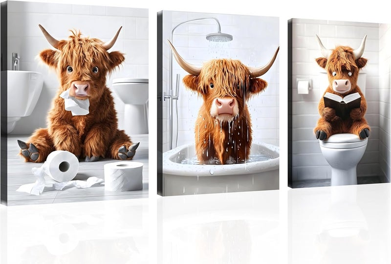 OWNANRTHM Highland Cow Bathroom Canvas Wall Art Set - Image 1