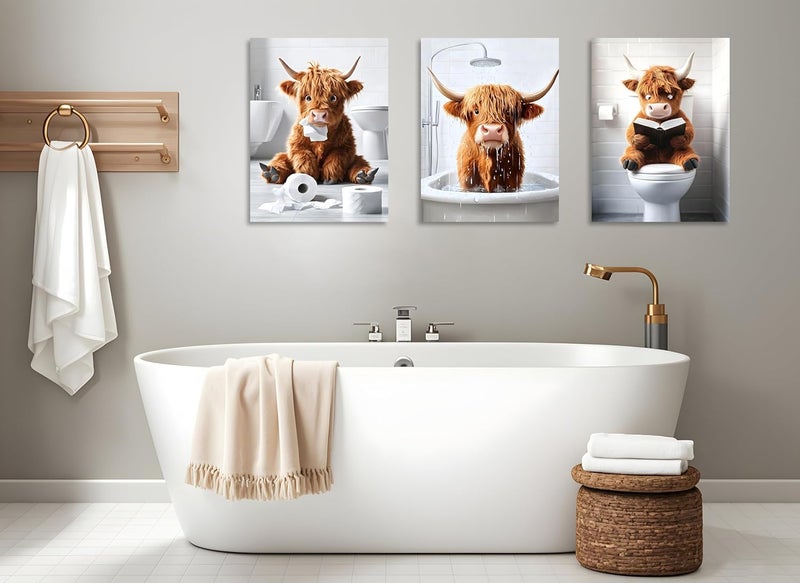 OWNANRTHM Highland Cow Bathroom Canvas Wall Art Set - Image 3