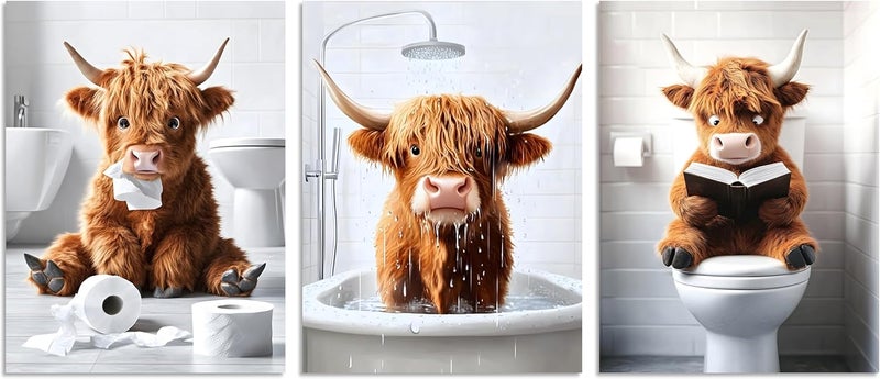 OWNANRTHM Highland Cow Bathroom Canvas Wall Art Set - Image 2