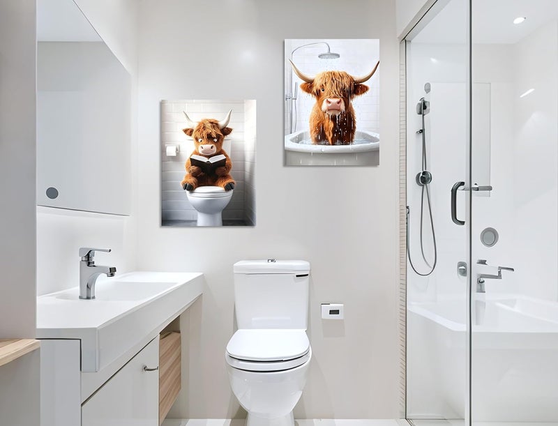OWNANRTHM Highland Cow Bathroom Canvas Wall Art Set - Image 5