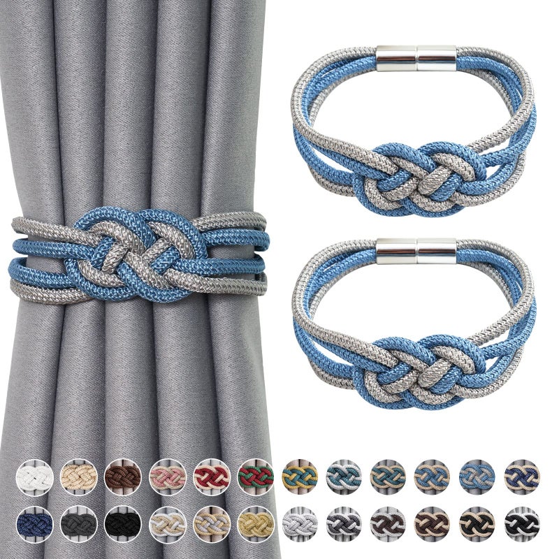 NICEEC 2 Pack Strong Magnetic Curtain Tiebacks Upgrade Nordic Simple Style Drape Tie Backs Double Color Weave Rope Knot Decorative Curtain Holdbacks for Home  Office Window Drapery Blue  Grey