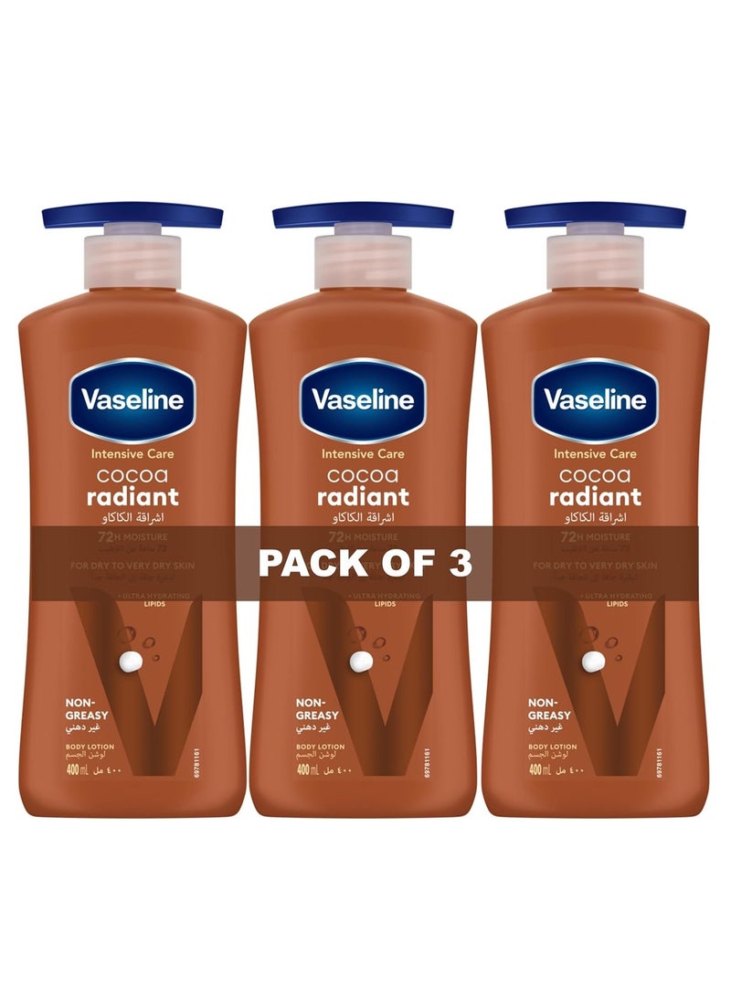 فازلين لوشن للجسم للعناية المركزة للبشرة الجافة إلى الجافة جدًا، بخلاصة الكاكاو، سريع الامتصاص، ترطيب يدوم 72 ساعة، 3 عبوات × 400 مل - Image 1