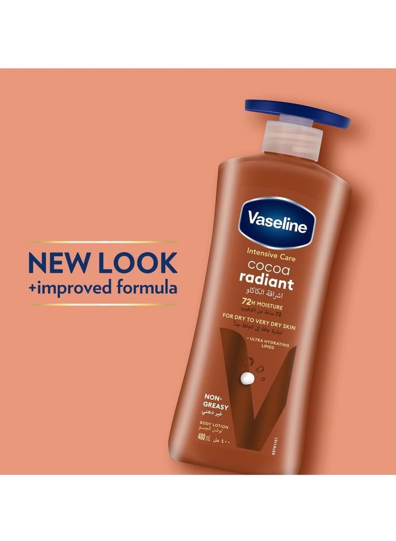 فازلين لوشن للجسم للعناية المركزة للبشرة الجافة إلى الجافة جدًا، بخلاصة الكاكاو، سريع الامتصاص، ترطيب يدوم 72 ساعة، 3 عبوات × 400 مل - Image 2
