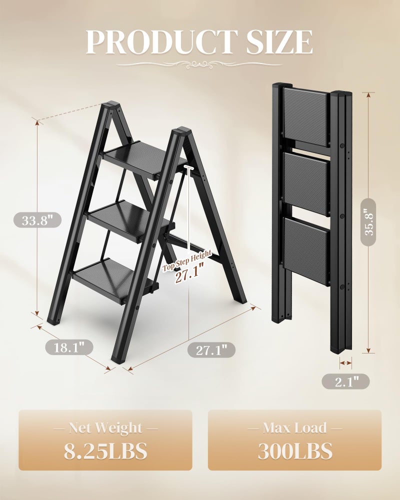 GameGem 3 Step Ladder, Folding Step Stool with Wider Pedal, Anti-Slip Feet & Non Slip Stripes, Aluminum Sturdy Material, 300Lbs Capacity, Elegant Look of Piano Black Better Matches Your Home - Image 2