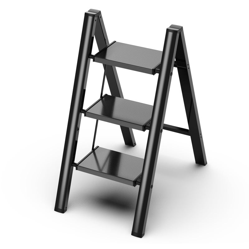 GameGem 3 Step Ladder, Folding Step Stool with Wider Pedal, Anti-Slip Feet & Non Slip Stripes, Aluminum Sturdy Material, 300Lbs Capacity, Elegant Look of Piano Black Better Matches Your Home - Image 1