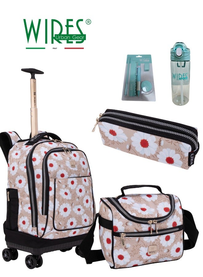 Wires 3 Piece Kids School Trolley Bag laptop compartment 4 Wheels With Lunch bag & Pencil Case  - Image 1