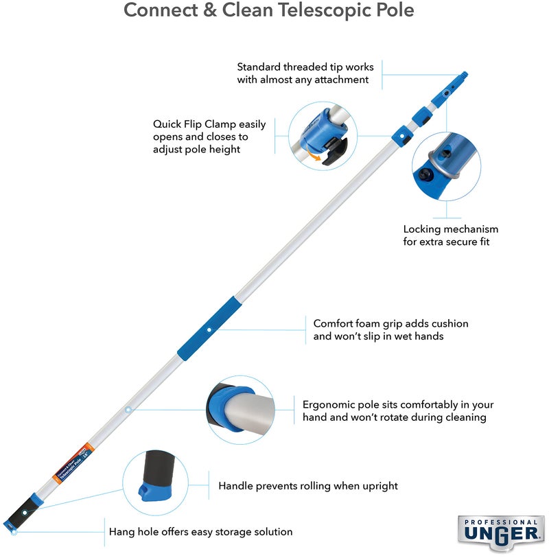 Unger Professional Connect & Clean 6 - 18 Foot Telescoping Extension Multi-Purpose Pole with Quick-Flip Clamp, Window Cleaning, Dusting, Silver - Image 2