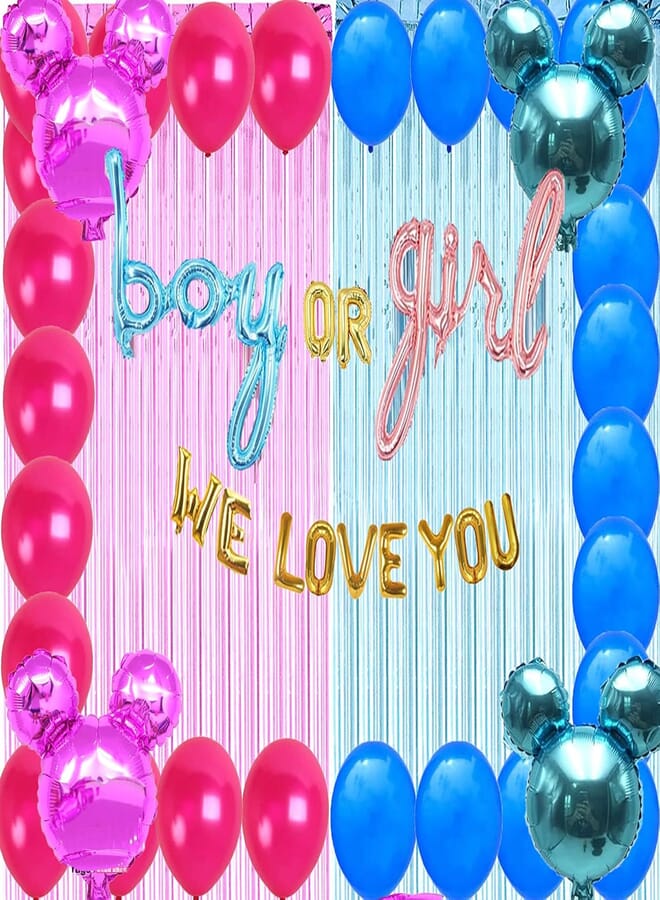 Minnie And Mickey Mouse Gender Reveal Party supplies Decoration boy or girl/Baby Shower balloons pink and blue/Metallic Tinsel Foil Fringe Curtains Photo Backdrop