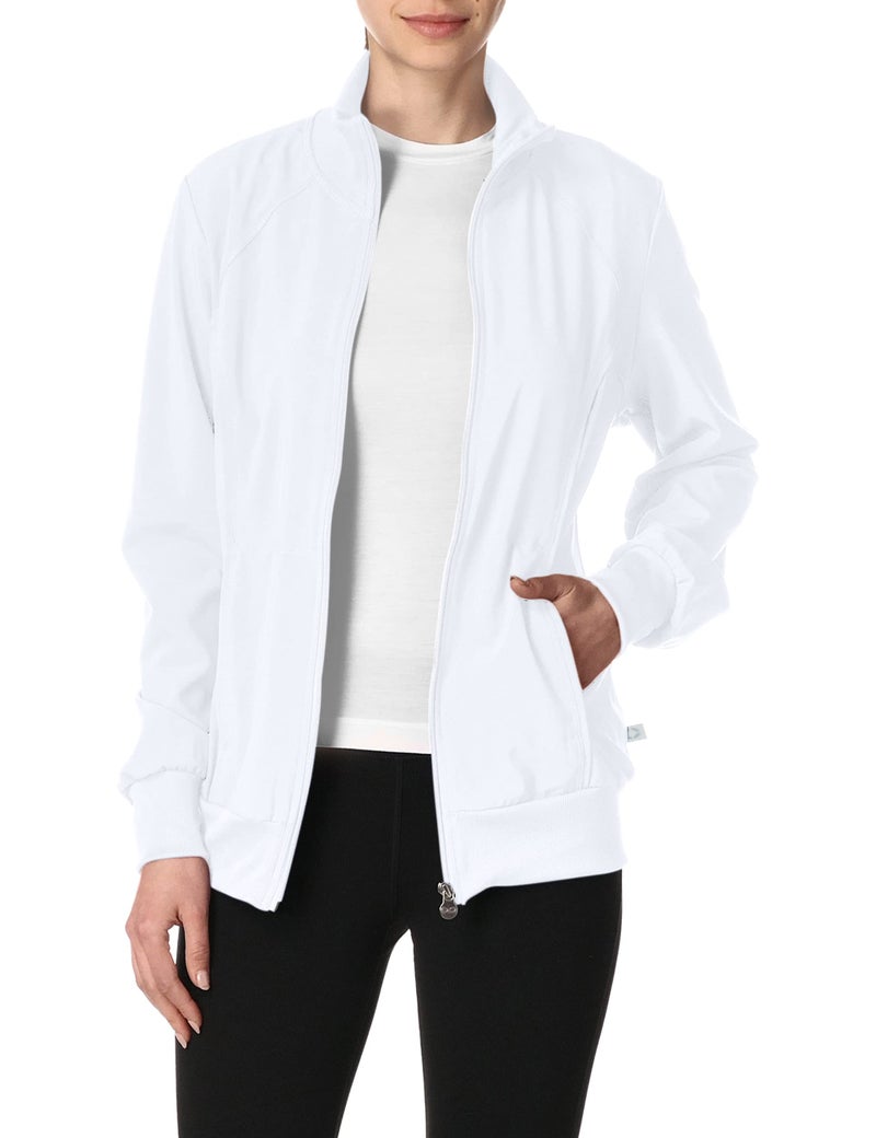 Cherokee Infinity Zip Front Scrub Jackets for Women 4Way Stretch Fabric 2391A S White