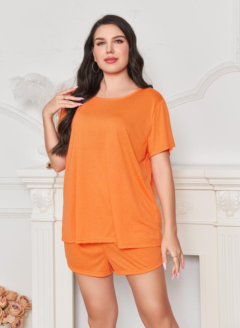 Loquat Women's Casual Big Size 2-Piece Set Nightgown Solid Color Short Sleeve Top And Shorts Soft Loungewear Pajamas Suit Orange - Image 1