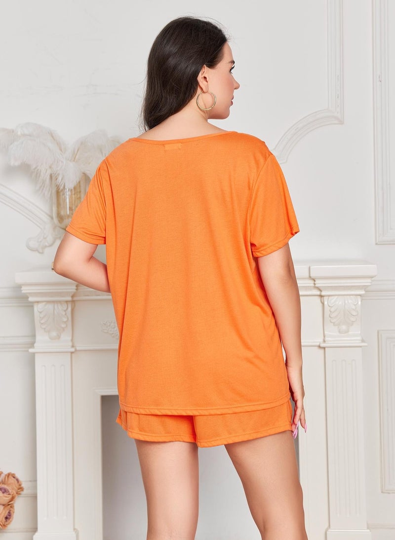 Loquat Women's Casual Big Size 2-Piece Set Nightgown Solid Color Short Sleeve Top And Shorts Soft Loungewear Pajamas Suit Orange - Image 3