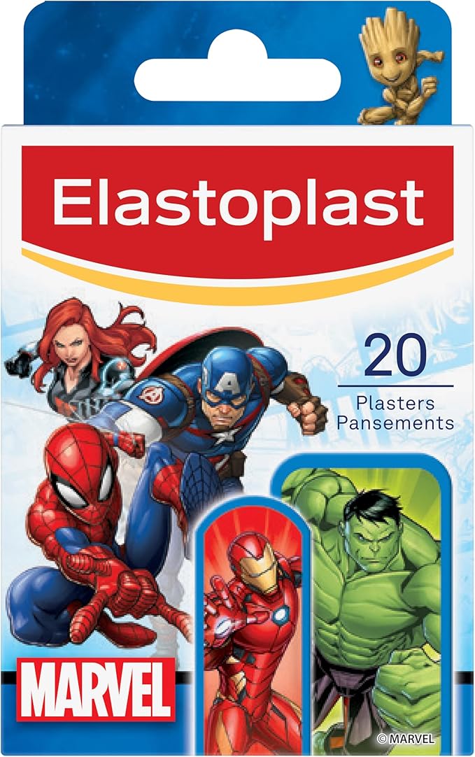 Elastoplast Marvel Plasters, Assorted Sizes (20 Pieces), Coloured First Aid Plasters for Children, Kid’s Everyday Plasters with Marvel Superhero Designs, Easy Removal and Skin-Friendly - Image 1