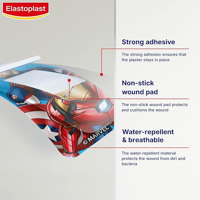 Elastoplast Marvel Plasters, Assorted Sizes (20 Pieces), Coloured First Aid Plasters for Children, Kid’s Everyday Plasters with Marvel Superhero Designs, Easy Removal and Skin-Friendly - Image 2