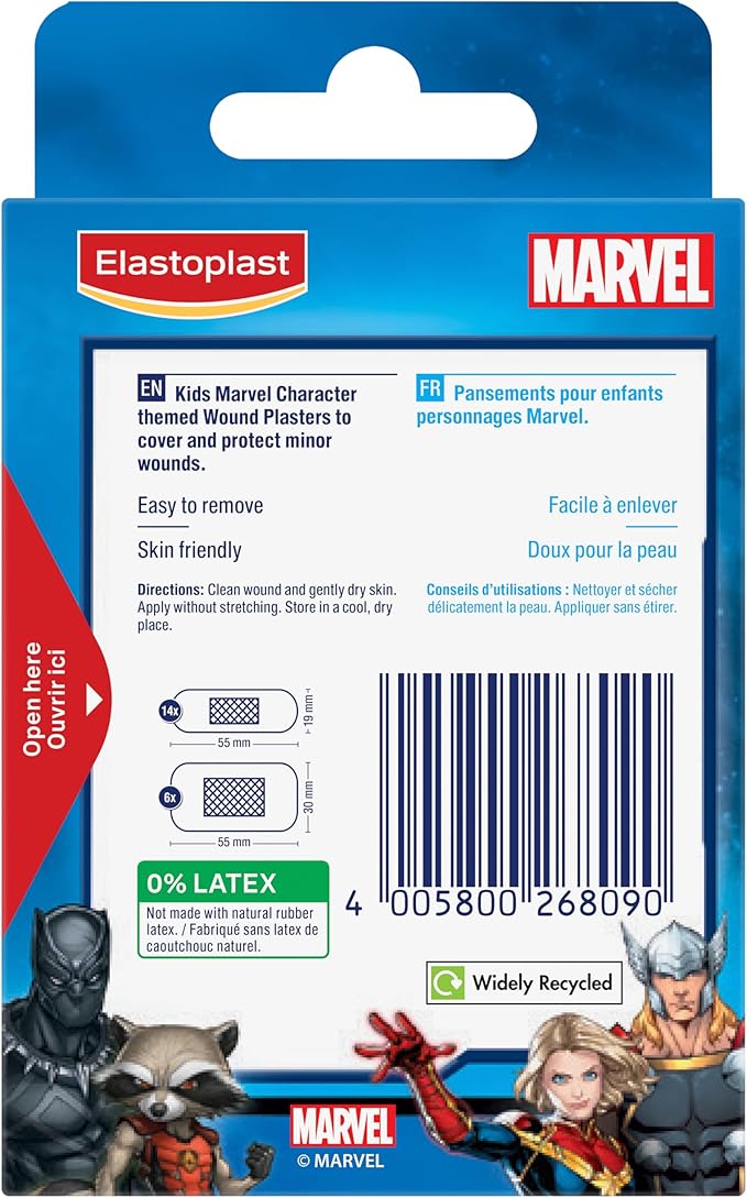 Elastoplast Marvel Plasters, Assorted Sizes (20 Pieces), Coloured First Aid Plasters for Children, Kid’s Everyday Plasters with Marvel Superhero Designs, Easy Removal and Skin-Friendly - Image 4