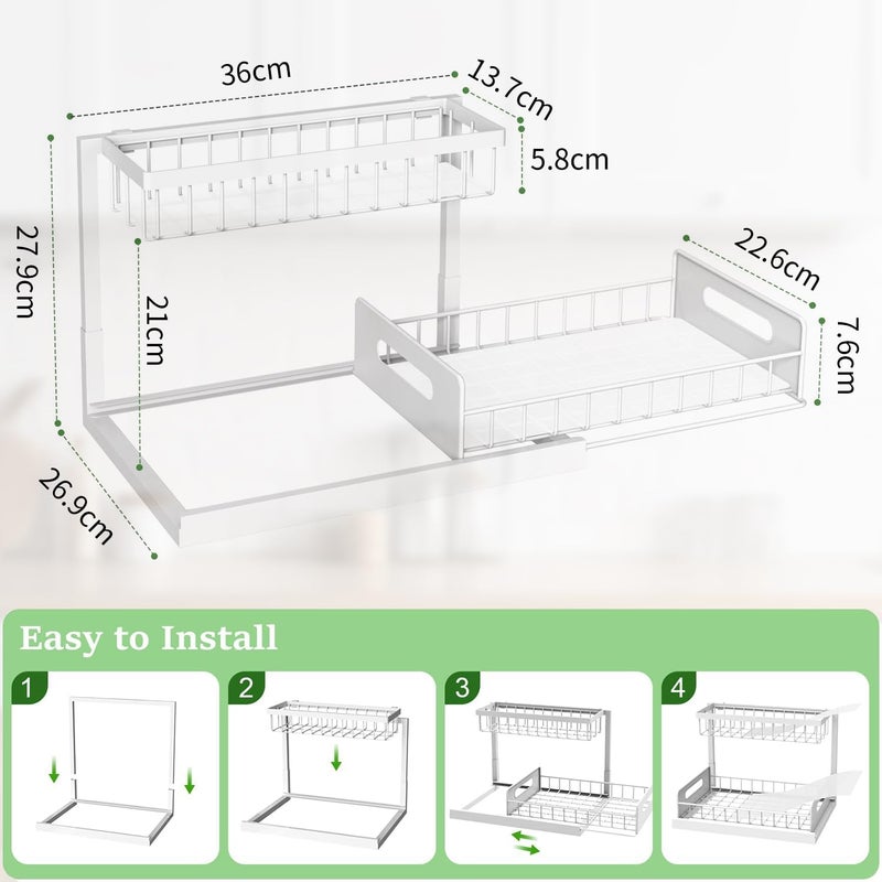 Masroo Under Sink Organizer, Pull Out Cabinet Organizer 2 Tier Slide Out Sink Shelf Cabinet Storage Shelves, Storage for Kitchen Bathroom, White - Image 2