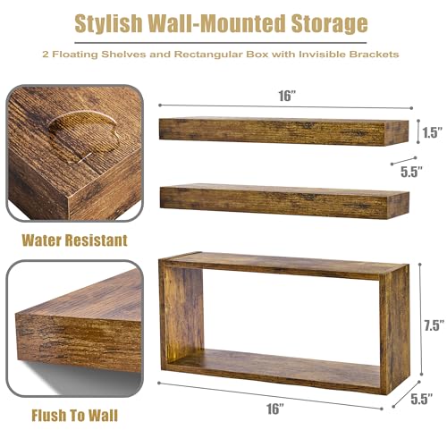 Sorbus Floating Shelves for Wall Set of 3 - Bathroom Shelves for Wall Storage, Over Toilet, Bedroom, Farmhouse, Decor - 2 Floating Shelves with Invisible Brackets & 1 Rectangular Box, Walnut - Image 2