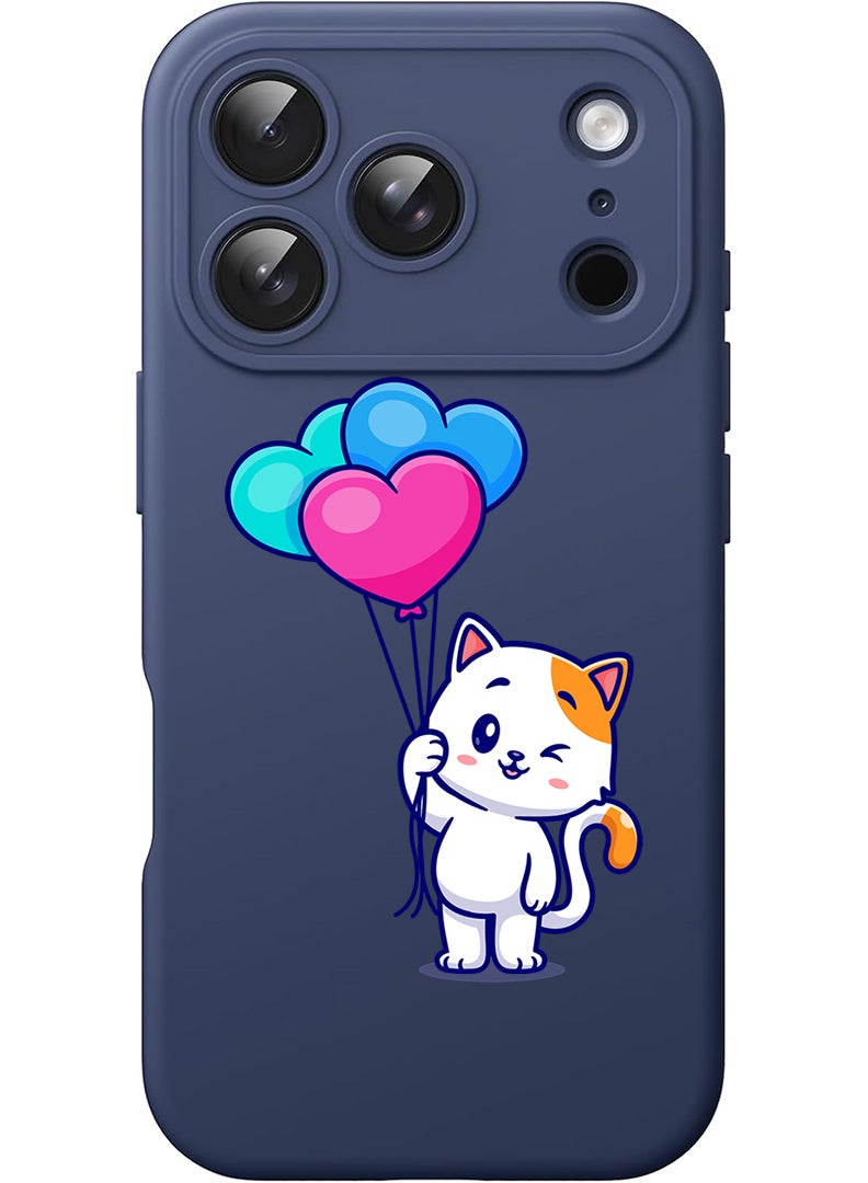 Theodor Protective Slim Fit Case Liquid Silicone Cover with Full Body Protection Anti-Scratch Shockproof Case For Apple iPhone 17 Pro Max (Blue) Cat holding Baloons - Image 1
