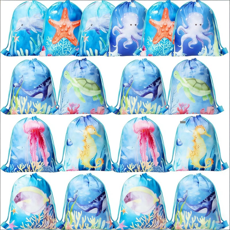 Clabby 12 Pcs Under the Sea Party Favors Bags Drawstring Ocean Theme Backpack Under the Sea Party Favors Supplies Fish Goodie Gift Bags Birthday Decorations