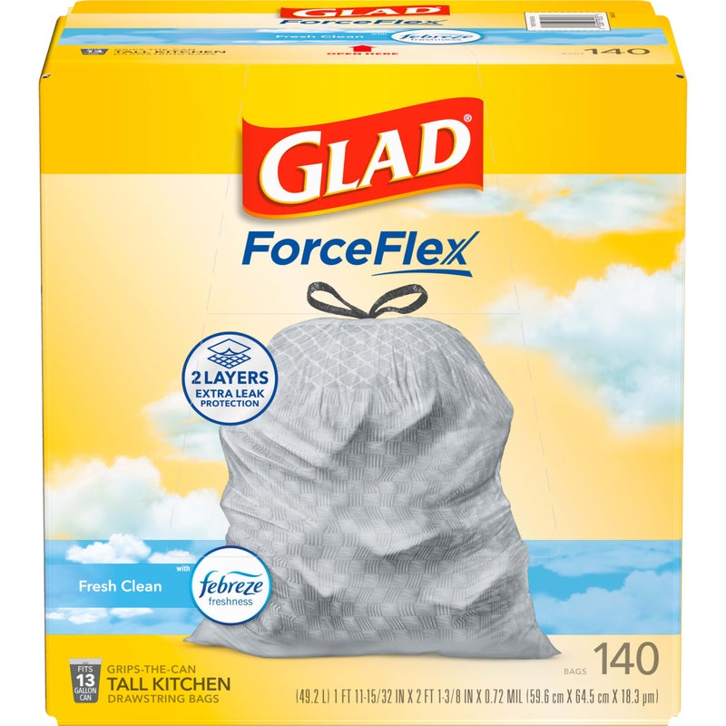 Glad ForceFlex Tall Kitchen Trash Bags, 13 Gallon, Fresh Clean, 140 Count (Package May Vary) - Image 1