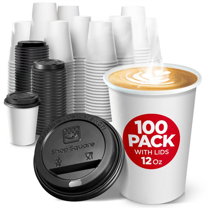 Disposable Coffee Cups with Lids 12 oz 100 Pack  Paper Coffee Cups for Hot  Cold Drinks Tea Hot Chocolate Water