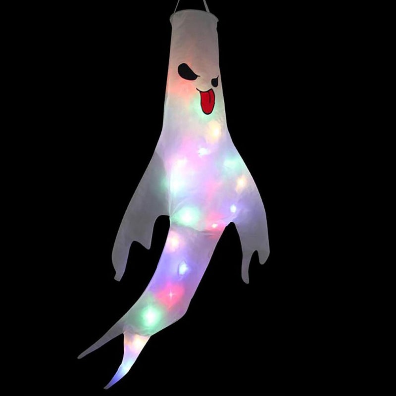 cheekyglo Halloween White Ghost Windsocks, Halloween Ghost Windsocks with Colorful LED String Lights, Lighted Flag Wind Socks with LED Lights for Yard Outdoor Decor Party Supplies (B) - Image 1