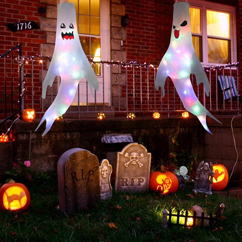 cheekyglo Halloween White Ghost Windsocks, Halloween Ghost Windsocks with Colorful LED String Lights, Lighted Flag Wind Socks with LED Lights for Yard Outdoor Decor Party Supplies (B) - Image 4