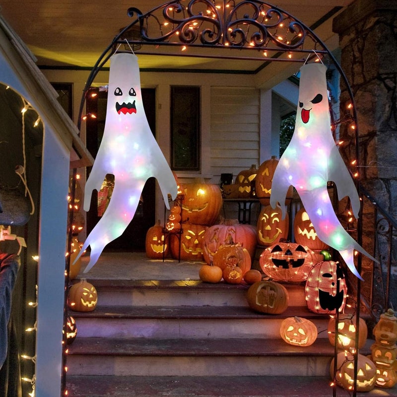 cheekyglo Halloween White Ghost Windsocks, Halloween Ghost Windsocks with Colorful LED String Lights, Lighted Flag Wind Socks with LED Lights for Yard Outdoor Decor Party Supplies (B) - Image 3