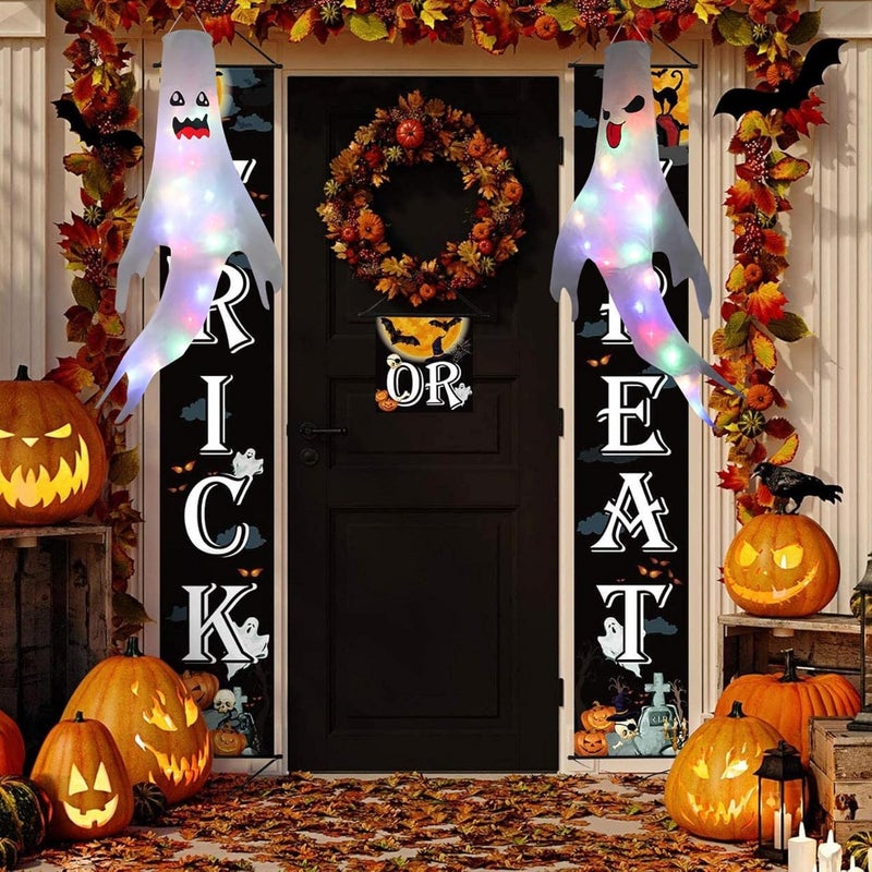 cheekyglo Halloween White Ghost Windsocks, Halloween Ghost Windsocks with Colorful LED String Lights, Lighted Flag Wind Socks with LED Lights for Yard Outdoor Decor Party Supplies (B) - Image 2