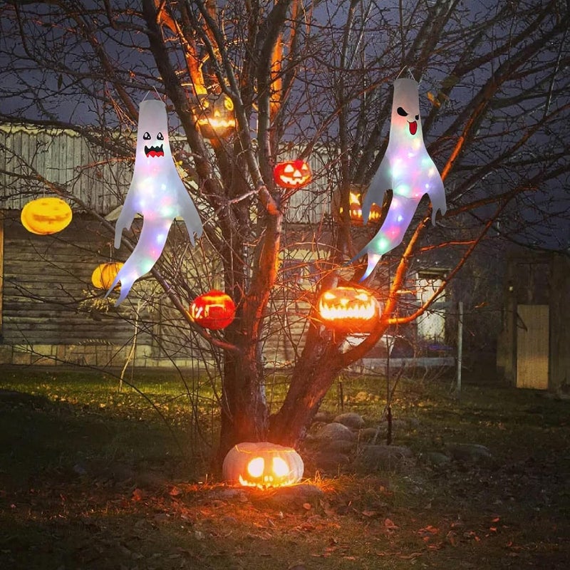 cheekyglo Halloween White Ghost Windsocks, Halloween Ghost Windsocks with Colorful LED String Lights, Lighted Flag Wind Socks with LED Lights for Yard Outdoor Decor Party Supplies (B) - Image 5