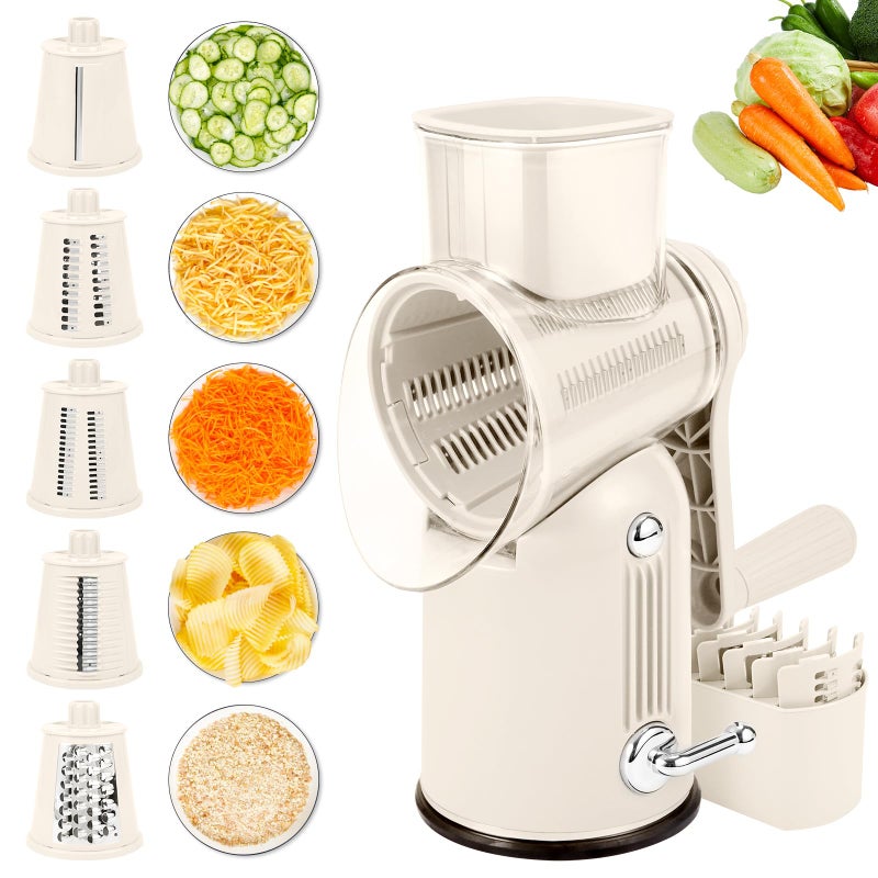 Rotary Cheese Grater with Handle 5in1 Cheese Grater Hand Crank Strong Suction Base for Fruit Vegetables Nuts with Blade Storage Box White