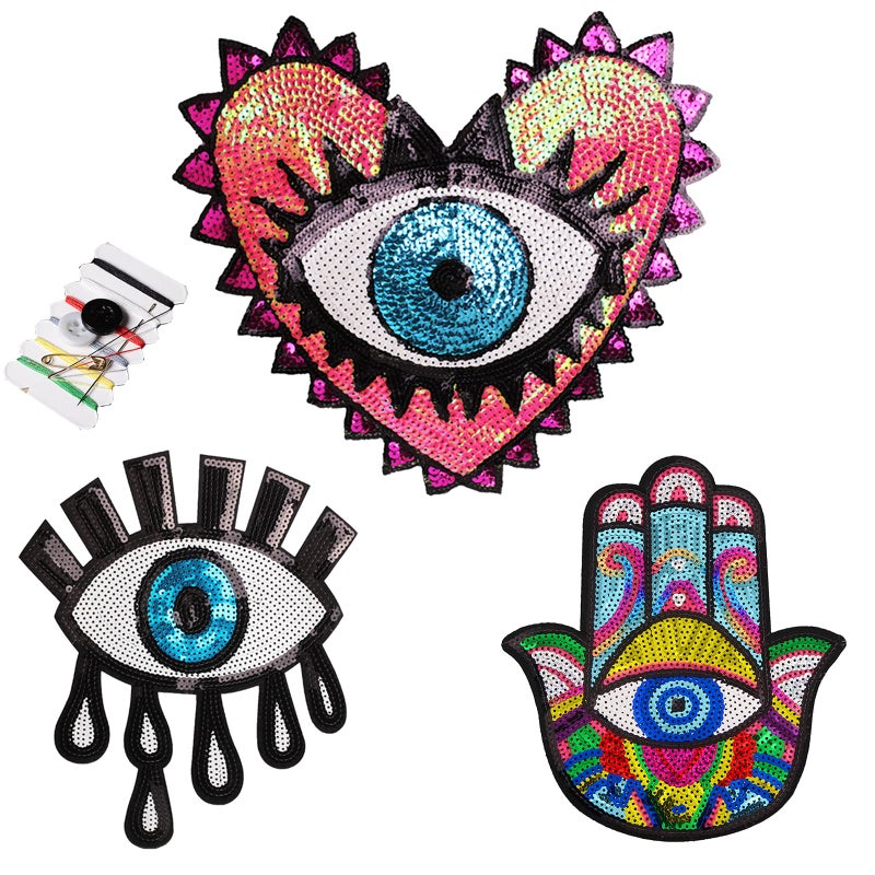 Joynaamn 3PCS Evil Eye Sequin Patches Sewing onIron on Large Embroidered Decorative Appalique with Sewing Kit for Clothes Jacket Backpack Hat Suitable for DIYArtsCrafts Projects