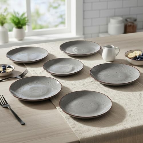 Beyond Homes Ceramic Dinner Plates Set of 6, 19 cm | Matte Finish | Microwave & Dishwasher Safe Ceramic Snack Plates for Dinner | Chip-Resistant | Set of 6, Grey with Brown Ring - Image 1